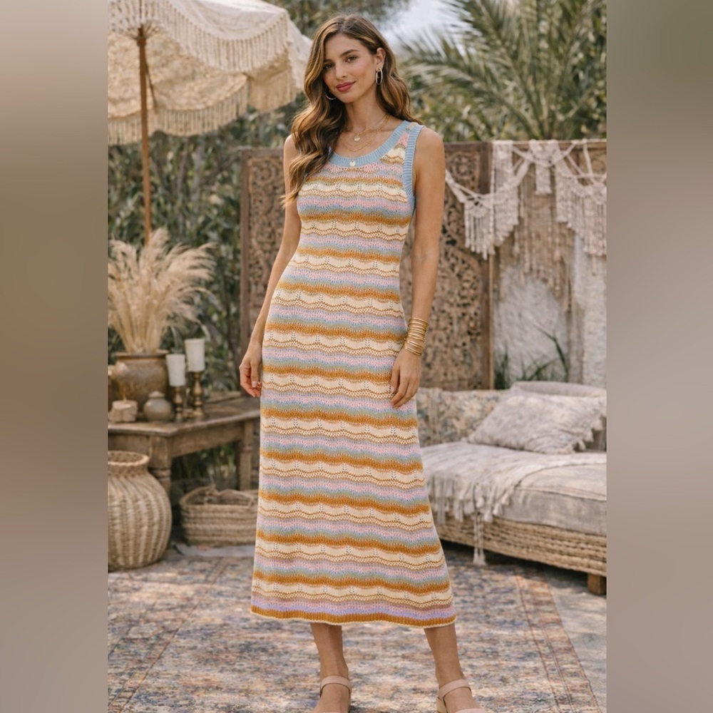 Willow & Wind Sleeveless Knit Maxi Dress 100% Cotton Blue Orange Green Medium